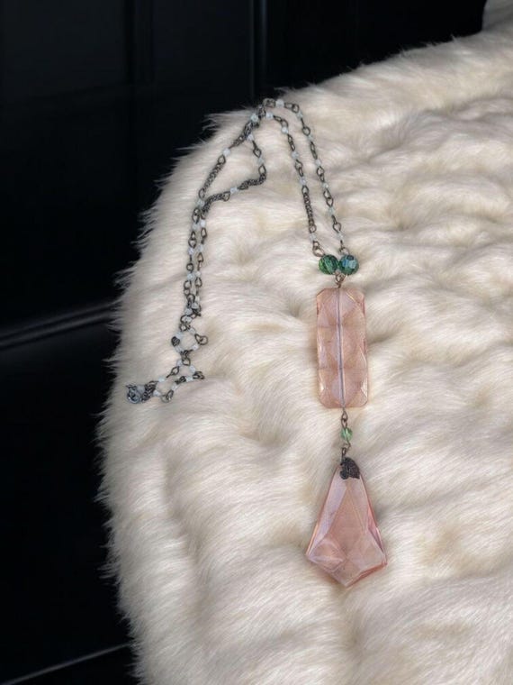 Antique Art Deco Pink Art Glass Pendant Necklace - 1930s Vintage