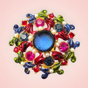 Vintage Hattie Carnegie Signed Brooch - Blue Cabochon - Enamel - Rhinestones