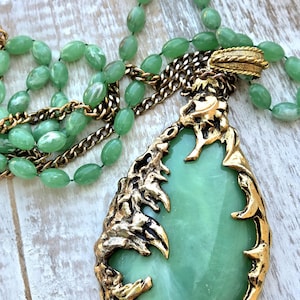 Vintage Emerald Colored Lucite Green Stone and Gold Tone Brutalist Style Necklace - The Love Witch Movie - 1960s.