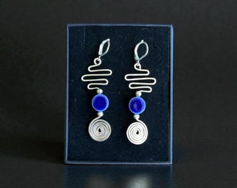 Spiral Silver Wire Earrings, Totemic Boho Jewelry, funky earrings