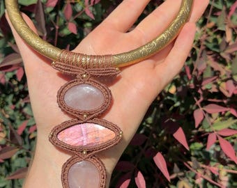 Rose Quartz & Labradorite Crystal necklace, bohemian tribal wear, handmade adornment, talisman