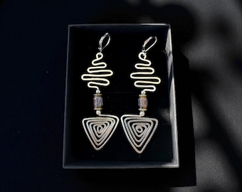 Handmade Silver Wire Earrings, Geometric Tribal Jewelry