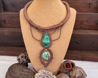 Malachite & Abalone Crystal necklace, bohemian tribal wear, handmade adornment