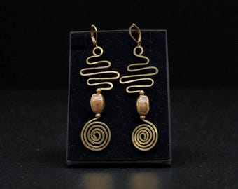 Handmade Organic Brass Wire Earrings, Spiral Boho Jewelry, cosmic jewellery