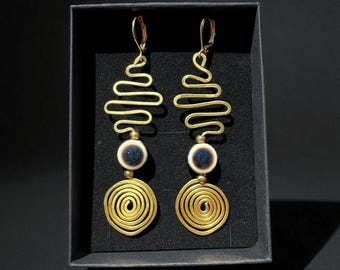 Handmade Organic Brass Wire Earrings, Spiral Boho Jewelry
