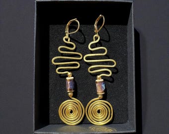 Handmade Organic Brass Spiral Earrings, Tribal Boho Jewelry