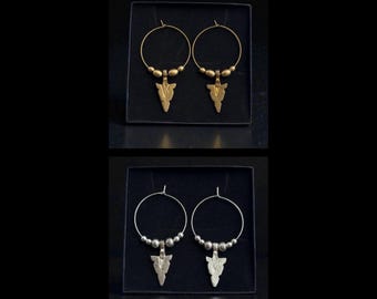Tribal Arrowhead Hoop Earrings, Brass or Silver Filled