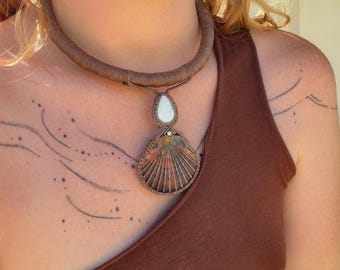 Beachy boho shell necklace, handmade Larimar crystal necklace, talisman