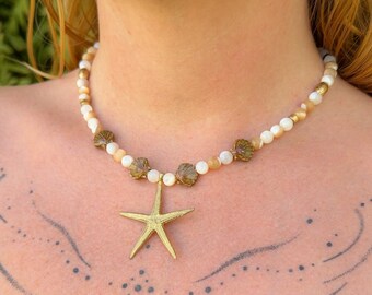 Boho mermaid necklace, crystal bead necklace, brass charm jewellery, trendy jewelry, handmade adornments