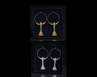 Warrior Hoop Earrings, Brass or Silver Filled, Tribal Goddess