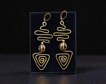 Handmade Organic Brass Wire Earrings, Spiral Boho Jewelry, cosmic jewellery