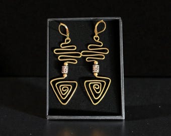 Handmade Brass Spiral Earrings, Totemic Tribal Jewelry