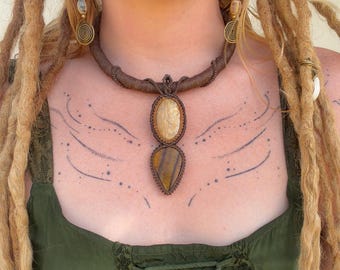 Fossilised Coral and Tigers Eye Crystal necklace, bohemian tribal wear, handmade necklace, talisman