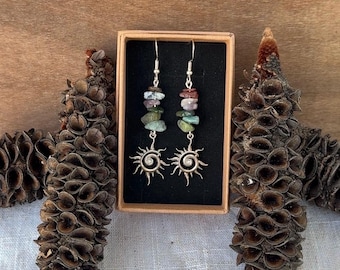 Sun Charm Crystal Chip Earrings, Boho Jewelry