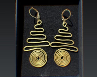 Handmade Brass Wire Spiral Earrings, Totemic Geometric Jewelry