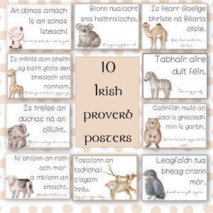 Irish Nursery Prints with watercolour animals - digital print, Gaeilge proverbs