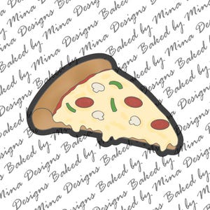 May include: A slice of pizza with pepperoni, mushrooms, and green peppers. The pizza has a brown crust and melted cheese.