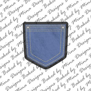 May include: A blue jean pocket-shaped cookie cutter with a black border and yellow stitching. The pocket has a textured appearance, and the design includes a small rivet detail. The cutter is likely used for baking.