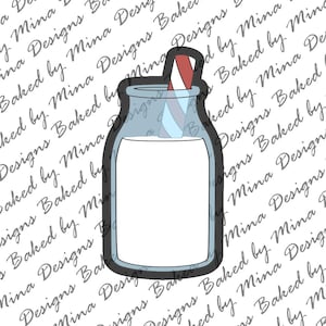 May include: A milk bottle-shaped cookie cutter with a red and white striped straw. The bottle is filled with white liquid and has a black outline. Ideal for baking themed treats.