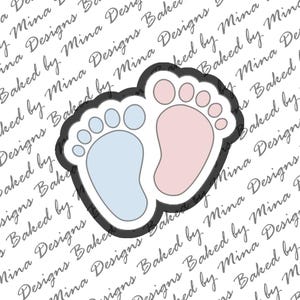 May include: A pair of baby footprints, one blue and one pink, are outlined in black. The footprints are on a white background with a repeating pattern of the text "Baked by Mina Designs".