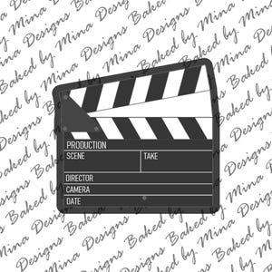 May include: A black and white film clapperboard with the words "PRODUCTION", "SCENE", "TAKE", "DIRECTOR", "CAMERA", and "DATE" printed on it. The clapperboard has white and black stripes on the top section. The background has a repeating pattern of text.