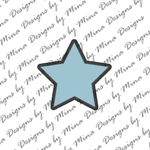 May include: A light blue five-pointed star with a thick gray outline. The star is on a white background with the text "Mina Designs by" repeated in a pattern.
