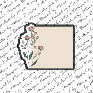 Könnte beinhalten: Ein beiger bedruckbarer Aufkleber mit einem Blumenmuster. Der Aufkleber hat einen Rand mit einer wellenförmigen Kante und ein Blumenmuster mit rosa Blüten und grünen Blättern.