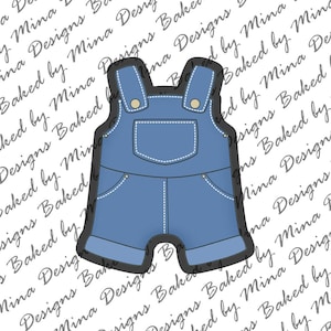 May include: A blue denim overall cookie cutter with white stitching and gold-colored button details. The cutter has a dark gray outline and is in the shape of a pair of overalls. The design is perfect for baking themed cookies.