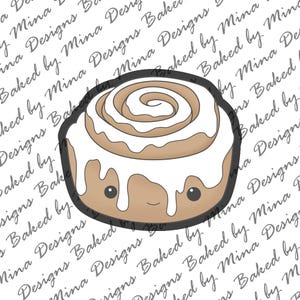 May include: A cartoon cinnamon roll with a white icing swirl and googly eyes. The icing is dripping down the sides of the roll.