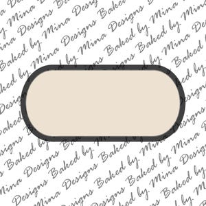 May include: A white background with a black oval frame. The text "Baked by Mina Designs" is repeated in a random pattern throughout the background.