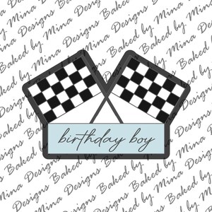 Puede incluir: Un diseño de banderas a cuadros en blanco y negro con el texto "birthday boy" en azul claro. Perfecto para una fiesta de cumpleaños, sobre un fondo blanco.