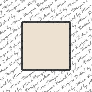 May include: A white background with a black square frame. The inside of the frame is a light beige color. The background is covered with the text "Baked by Mina Designs" repeated in a cursive font.