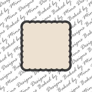 Könnte beinhalten: Ein weißer quadratischer Rahmen mit einem gewellten Rand. Der Rahmen befindet sich auf einem weißen Hintergrund mit dem Text "Designs Baked by Mina", der in Schwarz wiederholt wird.