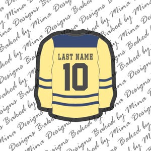 May include: A yellow and blue hockey jersey with a black number 10 and the text "LAST NAME" on the front.
