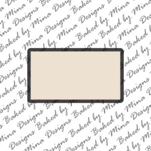 May include: A blank, beige rectangle with a thick, black border. The rectangle is centred on a white background with a repeating pattern of the text "Baked by Mina Designs".