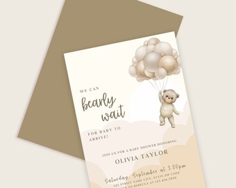 Beer ballonnen baby shower uitnodiging sjabloon, we kunnen bearly wachten, genderneutrale baby beer uitnodigen, afdrukbare bruine douche uitnodigen, bewerkbaar