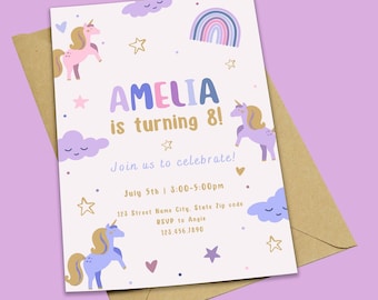 Bewerkbare Unicorn uitnodiging, Unicorn verjaardagsuitnodiging, Unicorn sjabloon downloaden, digitaal bestand