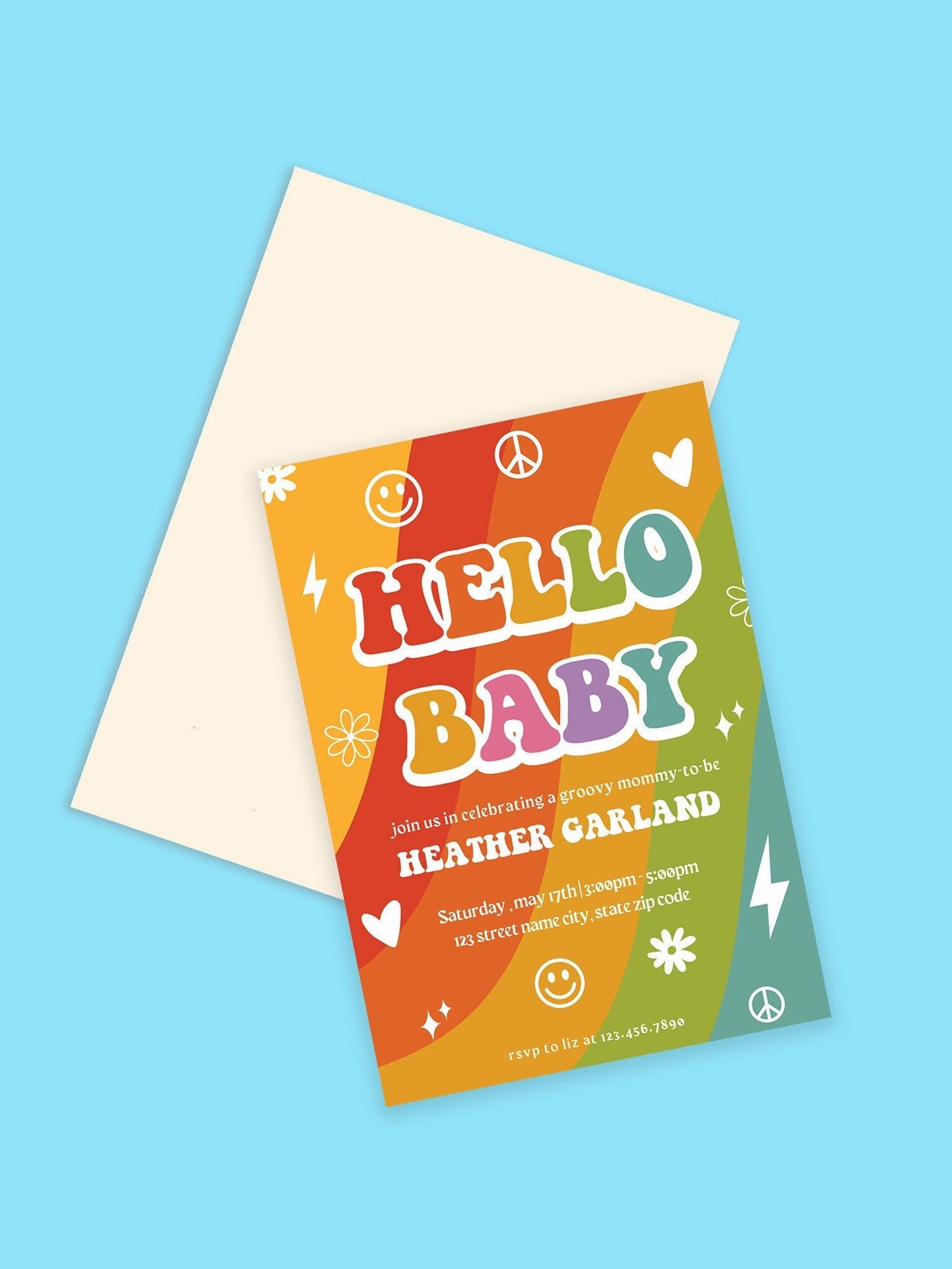 Editable Groovy Baby Shower Invitation Template 70's Retro Baby Shower