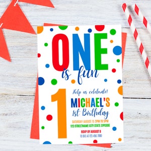 ONE IS FUN 1st Birthday Invitation Colorful 1st Birthday Invitation Instant Download First Birthday Invitation primary colors