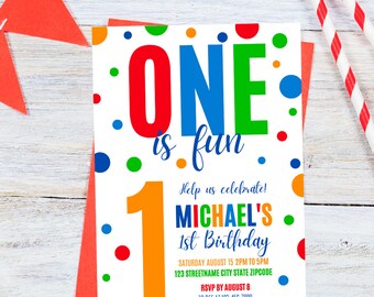 ONE IS FUN 1e verjaardagsuitnodiging Kleurrijke 1e verjaardagsuitnodiging Instant Download eerste verjaardagsuitnodiging primaire kleuren