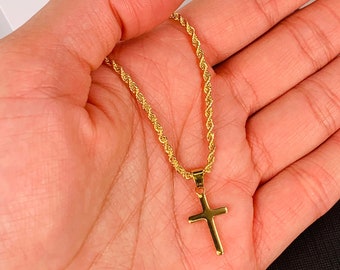Simple Gold Mens Cross Necklace, 2mm Rope Chain, Layering Chains, For Father, For Son, For Teen, Protection Cross Jewelry, Gold Filled