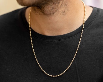18K メンズ ボールチェーンネックレス、ボール 華奢チェーン、ゴールド 