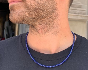 Mens Lapis Blue Bead Necklace, Surfer Beaded Necklace, Boho Lapis Necklace, Mens Choker, 4mm Beaded Necklace, For Him, Cool Mens Necklace