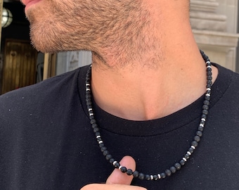Mens Onyx Beaded Necklace, Mens Black Lava Beaded Necklace, Mens Surfer Beaded Necklace, Boho Necklace, Choker Necklace, Cool Mens Necklace