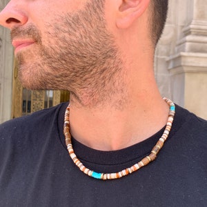 Herren Türkis Perlen Halskette, Boho Surfer Halskette, Strand Holz Halskette für Männer, stilvoller Sommer Schmuck, lässiges Herren Accessoire