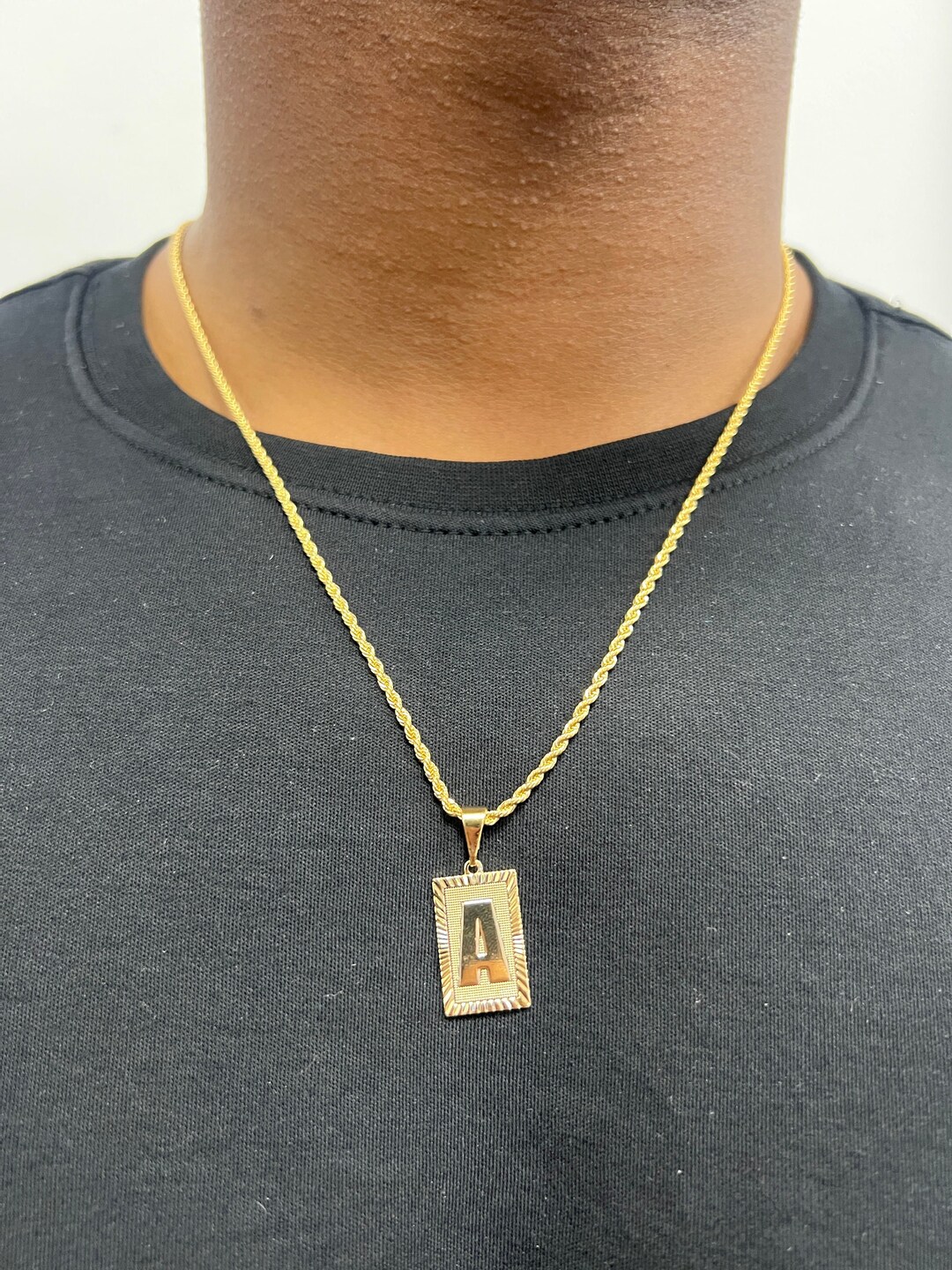 18K Men's Initial Necklace, 2mm Gold Rope Chain, Figaro Necklace, Mens