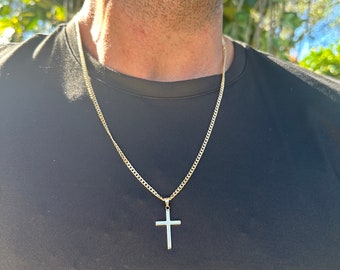 18K Mens Gold Cross Necklace, Curb Chain, Catholic Necklace, Layering Chain, Mens Jewelry, Cross Jewelry, Gift For him, Protection Necklace