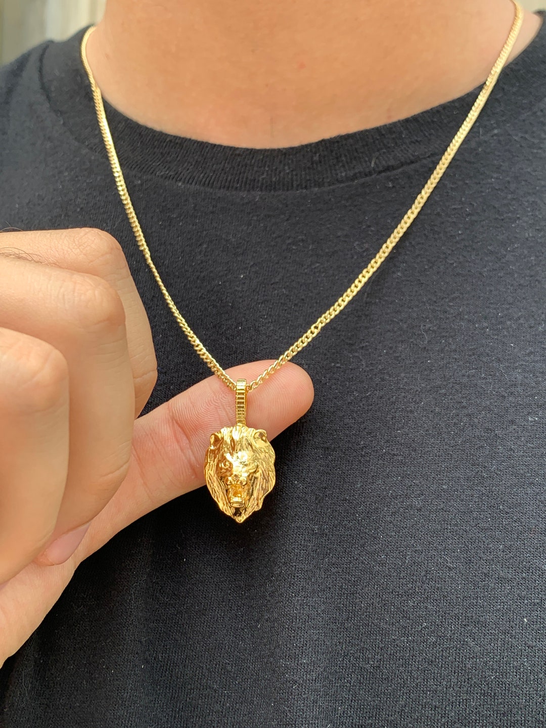 18K Mens Lion Head Necklace Lion Charm Pendant Necklace Rope Etsy