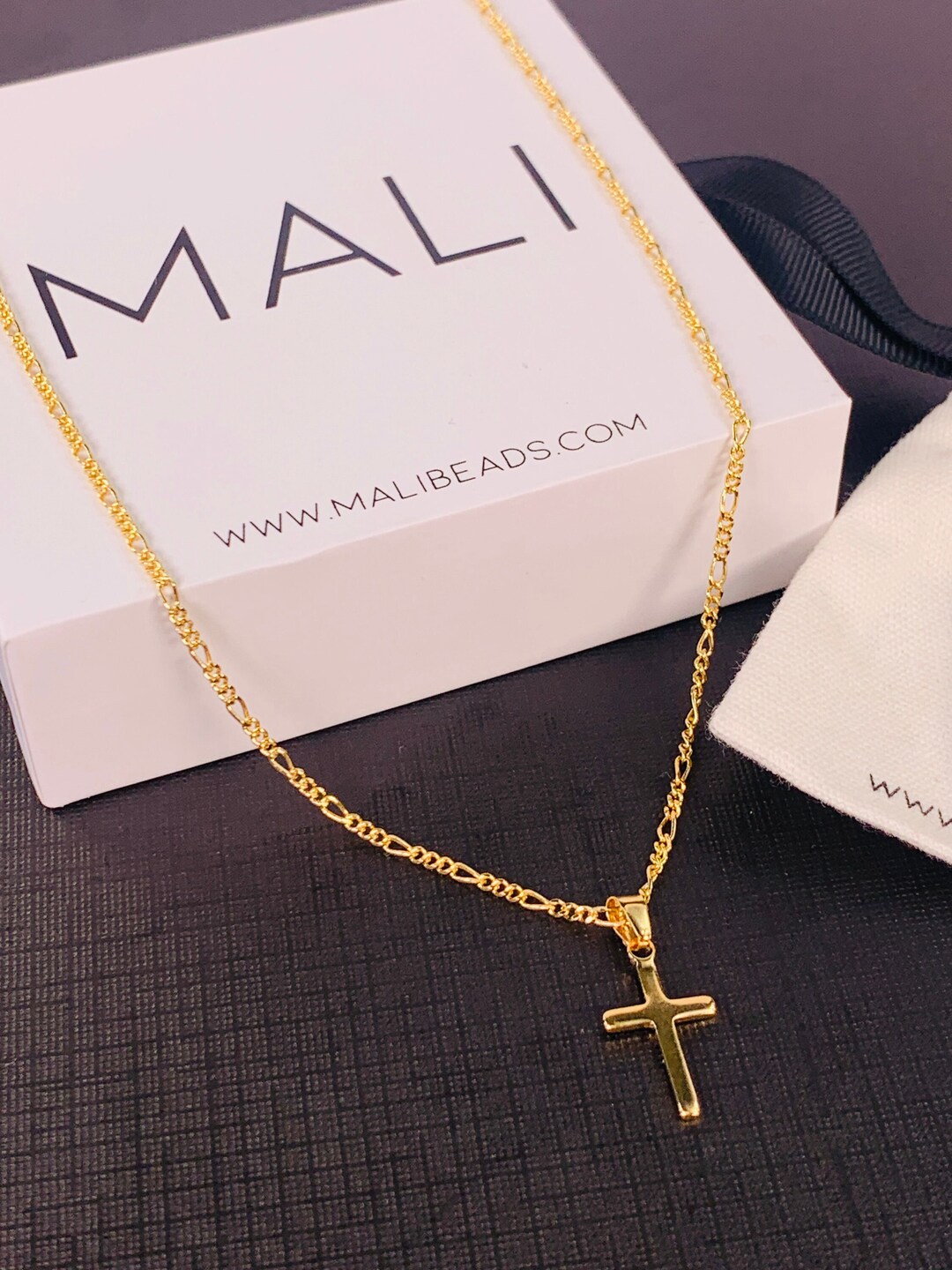 18K Mens Gold Cross Necklace Figaro Necklace Catholic Etsy
