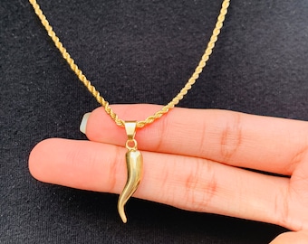 18K Italian Cornicello Rope Necklace for Men, Gold Filled Italian